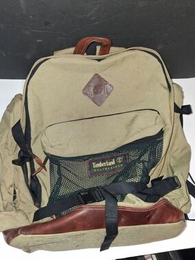 Timberland Olive Canvas Backpack with Brown Leather Accents